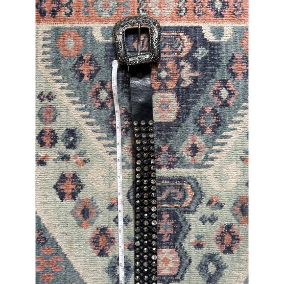 Vintage Studded Leather Suede Western Belt Rhinestone Silver Buckle 38” Medium main image 7